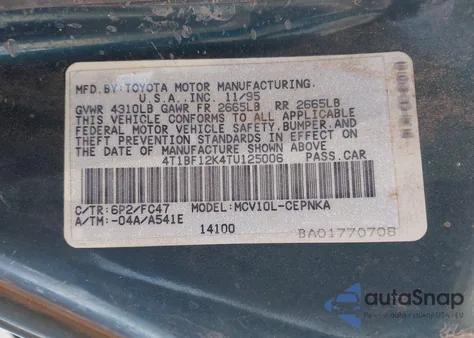 1996 Toyota Camry Le/Xle/Se z USA, uszkodzony, nr VIN 4T1BF12K4TU125006